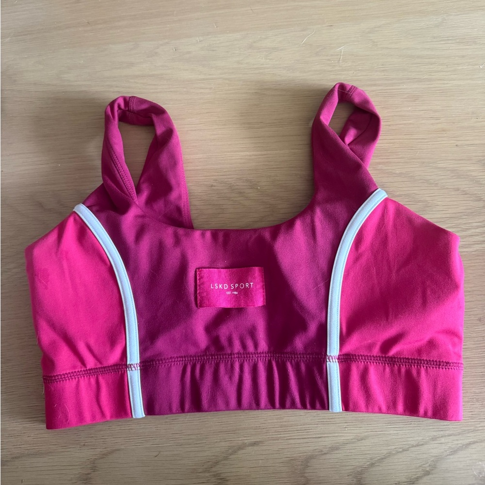 LSKD Sport Pink Athletic Sports Bra with White Trim - Picture 1 of 5